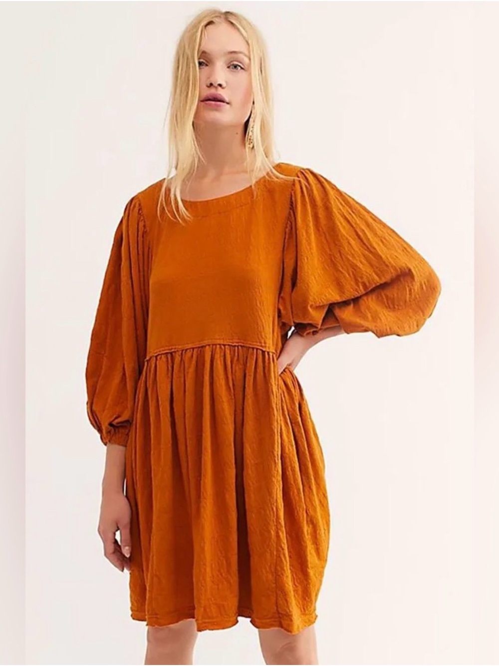 Free People Get Obsessed Puff-Sleeve Babydoll Mini Dress in Golden Rust - Women